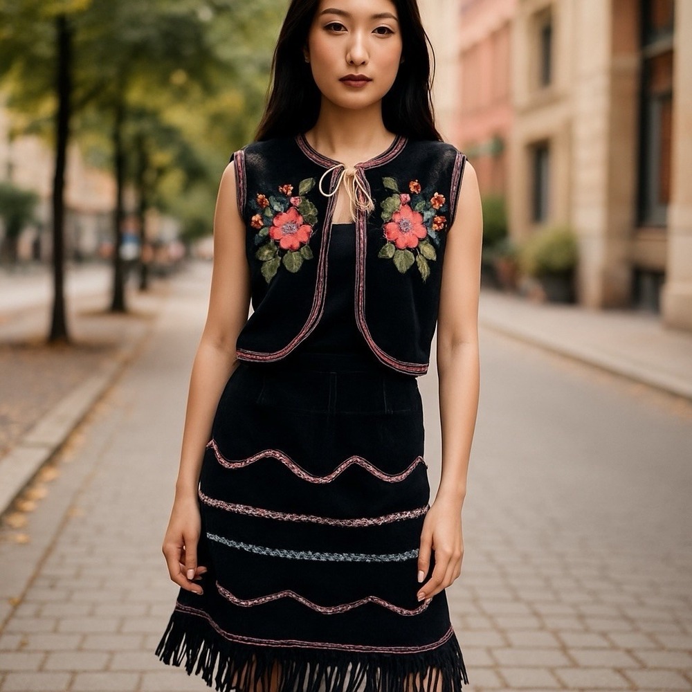 Vintage European Black Velvet Embroidered Folk Vest & Long Fringed Apron Size M‎